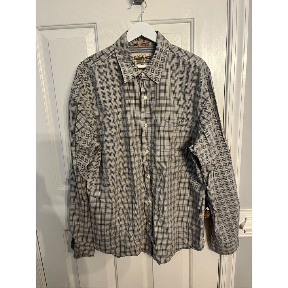 Timberland Stratham Issue Gray & Blue Plaid Button Down Shirt sz XL EUC